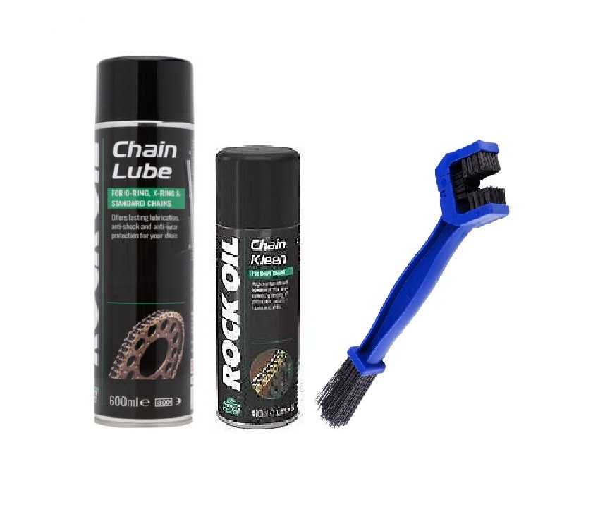 Rock Oil Chain Lube 600ml & Kleen 400ml Twin Pack + Chain Brush